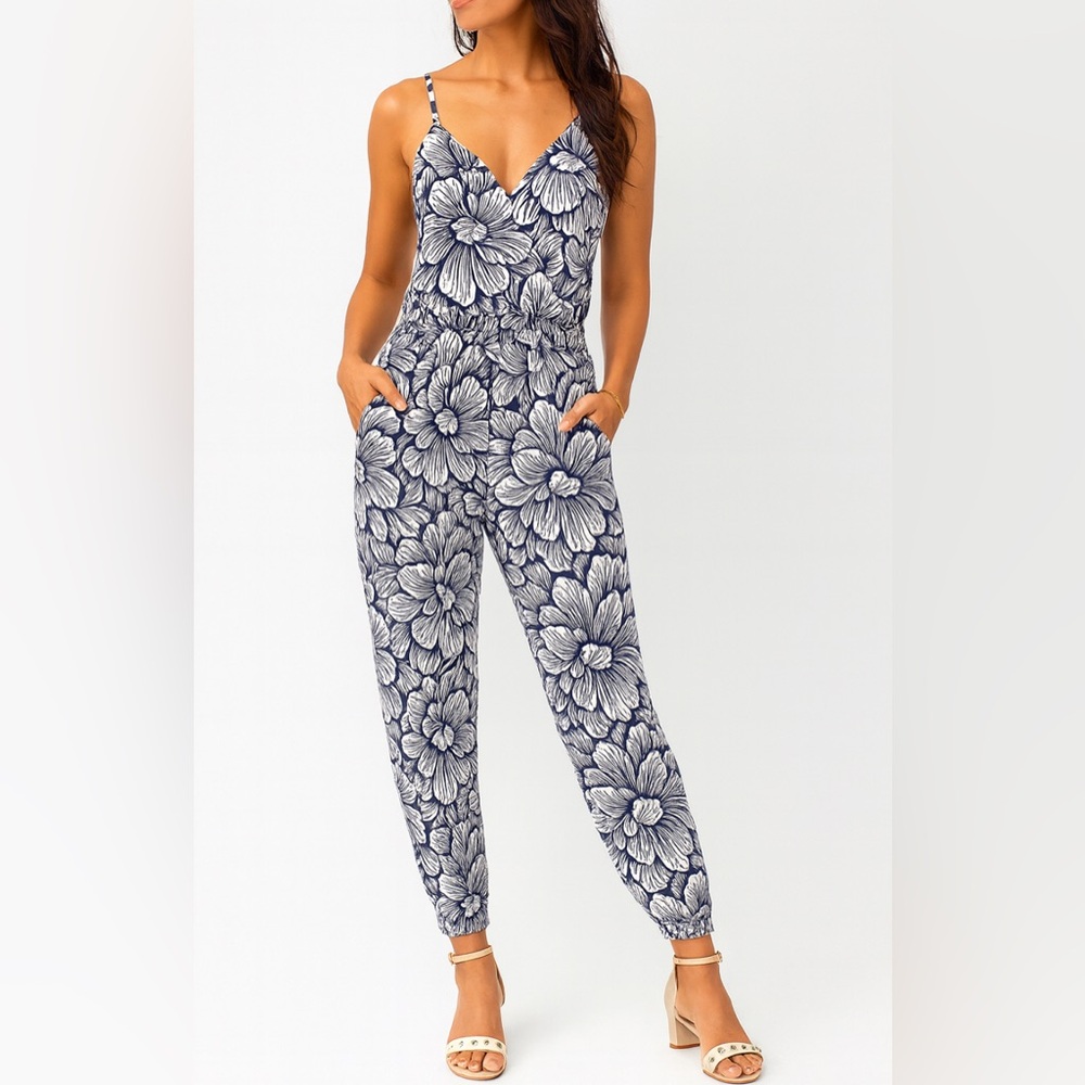 Lilly Pulitzer V Neck Melba Navy Blue Floral Pattern Jumpsuit